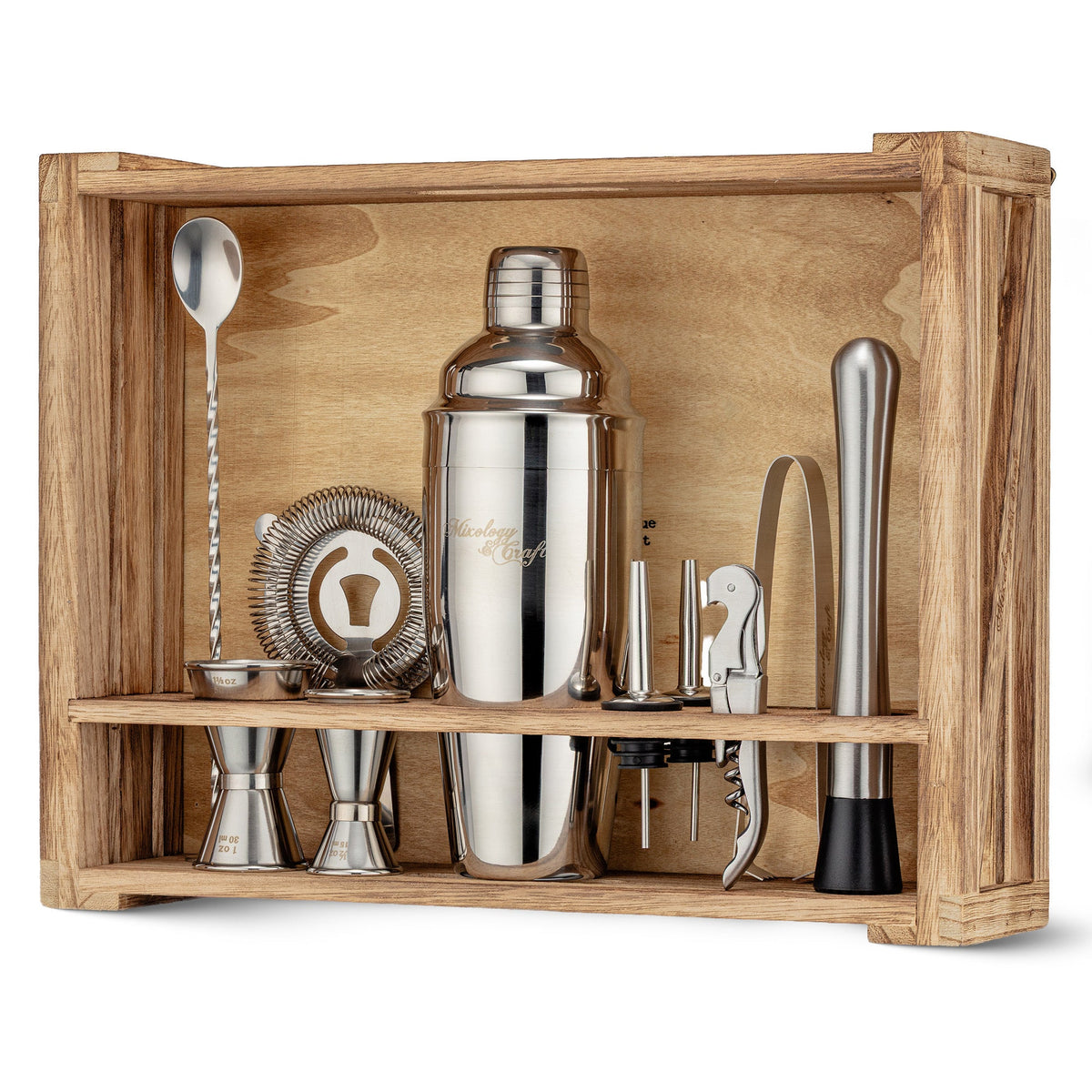 Bartender Kit with Rustic Wood Stand | 11-Piece